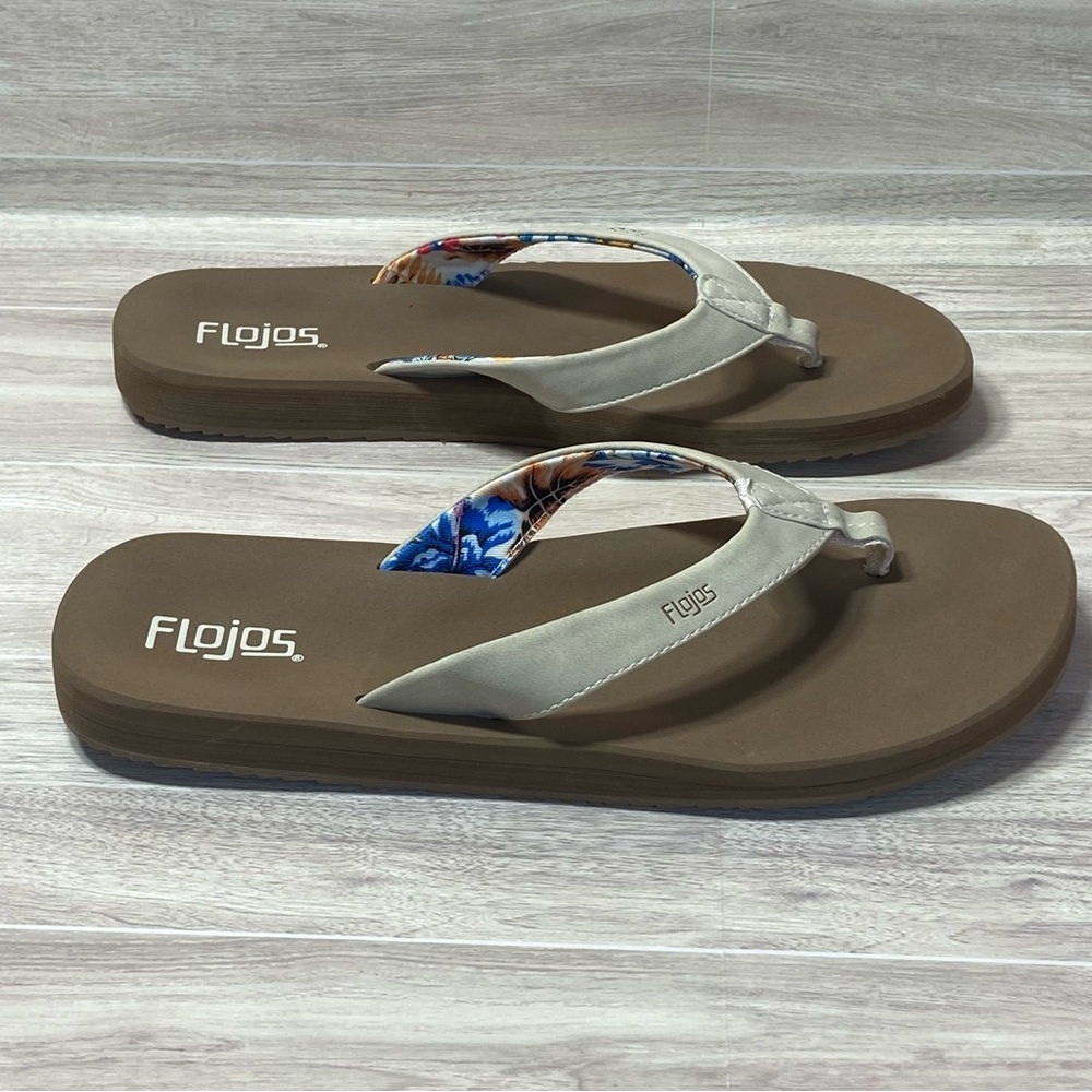 FLOJOS / Cream 130 Emma Hibiscus Thong Flip Flops Size 10 - Picture 3 of 9